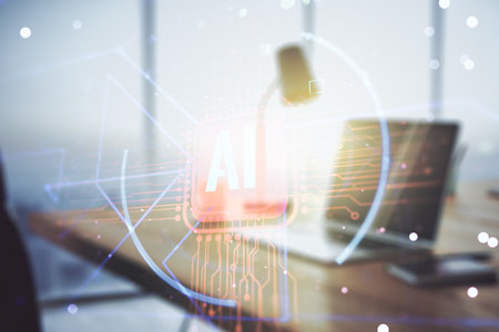 Double exposure of creative artificial Intelligence abbreviation with computer on background. Future technology and AI conceptの写真素材