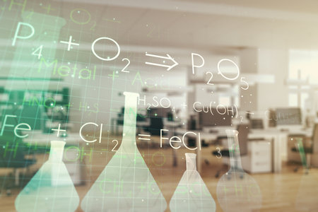 Double exposure of abstract virtual chemistry hologram on modern corporate office background, research and development conceptの写真素材