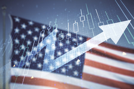 Abstract creative financial diagram and upward arrow hologram on US flag and blue sky background, growth and development conceptの写真素材