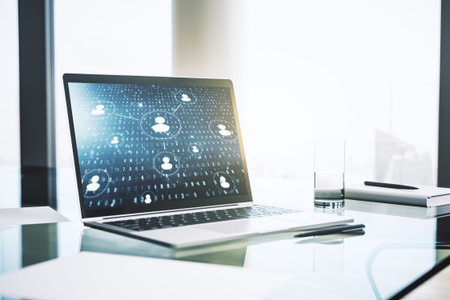 Modern computer screen with social network media concept. 3D Rendering