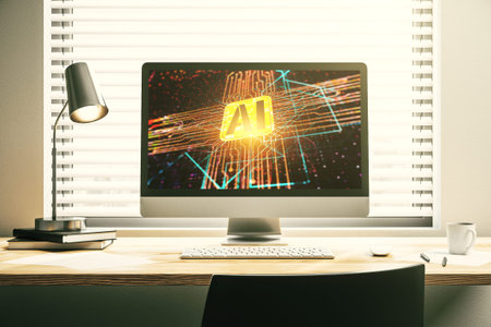 Modern computer monitor with creative artificial Intelligence icon. Neural networks and machine...