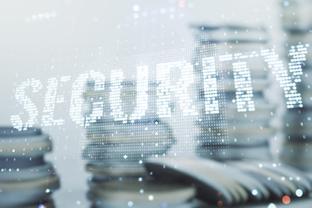 Virtual cyber security creative concept on stacks of coins background. Double exposure