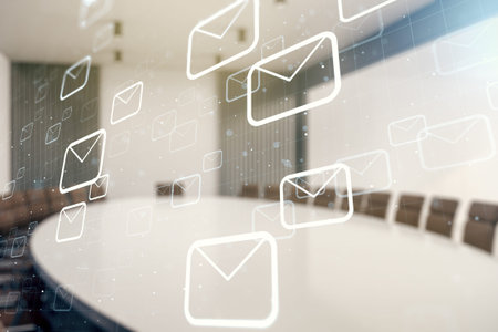 Double exposure of abstract virtual postal envelopes hologram on a modern meeting room background. Electronic mail and spam conceptの写真素材