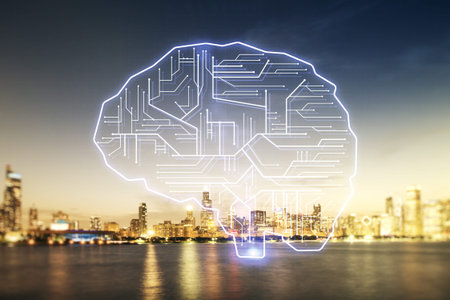 Double exposure of creative artificial Intelligence interface on Chicago city skyscrapers...