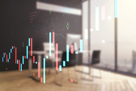 Double exposure of abstract creative financial diagram and modern desk with computer on background, banking and accounting conceptの写真素材