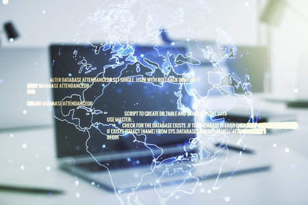 Multi exposure of abstract creative coding sketch with world map on modern laptop background,...