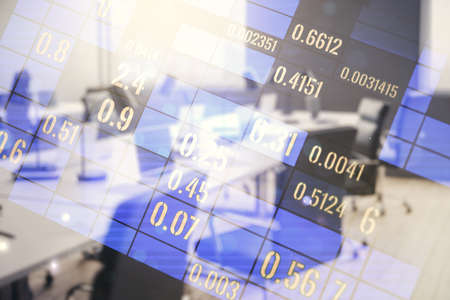 Double exposure of abstract virtual statistics data hologram on modern corporate office background, statistics and analytics conceptの写真素材