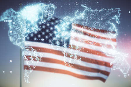 Abstract creative world map interface on USA flag and sunset sky background, international trading concept. Multiexposureの写真素材