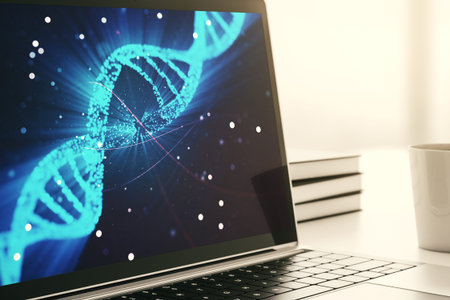 Creative concept with DNA symbol illustration on modern laptop screen. Genome research concept. 3D...
