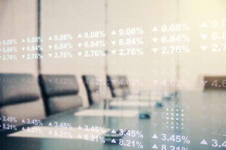 Multi exposure of abstract statistics data hologram interface on a modern furnished office interior background, computing and analytics conceptの写真素材