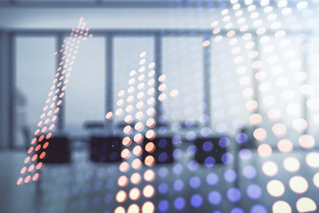Abstract virtual upward arrows sketch on a modern boardroom background, target and goal concept....