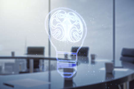 Double exposure of abstract virtual creative light bulb hologram with human brain on a modern meeting room background, idea and brainstorming conceptの写真素材