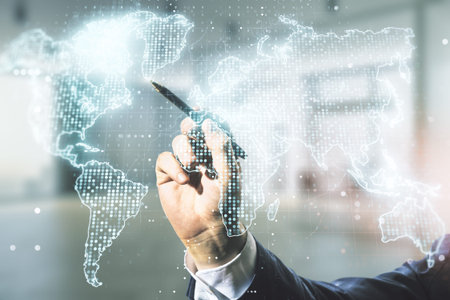 Multi exposure of businessman hand with pen working with abstract graphic world map on blurred...