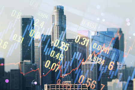 Abstract virtual financial graph hologram on Los Angeles skyline background, forex and investment...