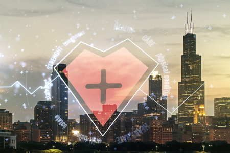 Abstract virtual heart pulse hologram on Chicago cityscape background, online medical consulting...