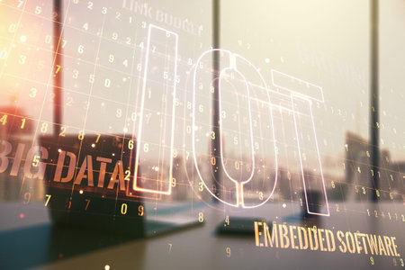Creative IOT hologram and modern desk with computer on background, internet of things concept....