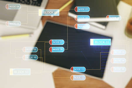 Multi exposure of abstract programming language hologram and modern digital tablet on background, artificial intelligence and machine learning conceptの写真素材