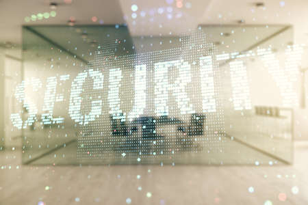 Virtual creative lock sketch with chip hologram on a modern furnished office interior background, protection of personal data concept. Multiexposureの写真素材