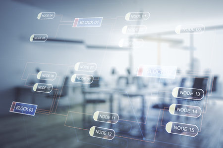 Multi exposure of abstract creative coding sketch on a modern furnished office background,...