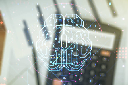 Virtual creative artificial Intelligence hologram with human brain sketch on blurry calculator and...
