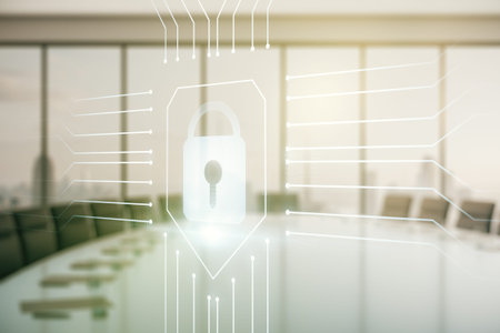 Virtual creative lock illustration with microcircuit on a modern coworking room background, cyber...