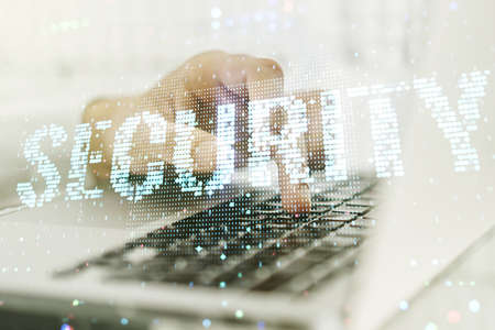 Cyber security creative concept with hands typing on computer keyboard on background. Double exposureの写真素材