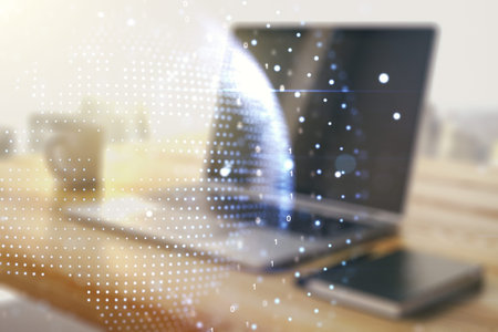 Double exposure of abstract digital world map and modern desk with computer on background, big data...