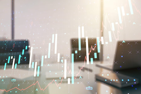 Multi exposure of abstract creative financial chart and modern desktop with laptop on background,...