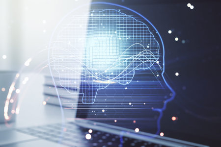 Double exposure of creative artificial Intelligence symbol with modern laptop on background. Neural...