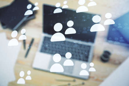 Social network media concept with modern computer on background. Double exposureの写真素材