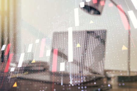 Abstract creative financial graph with world map on modern laptop background, forex and investment...