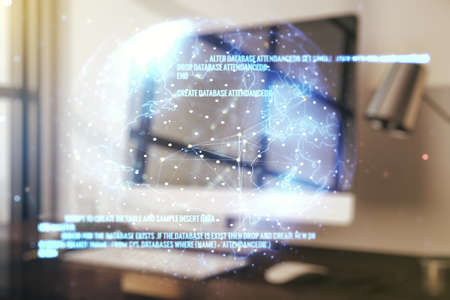 Multi exposure of abstract creative coding sketch with world map on modern laptop background, artificial intelligence and neural networks conceptの写真素材
