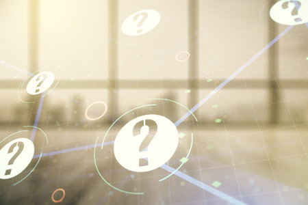 Abstract virtual question mark hologram on modern interior background, future technology concept....