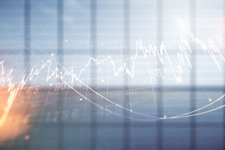 Double exposure of abstract creative financial chart hologram on empty modern office background,...