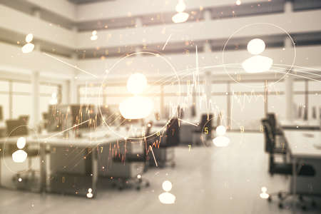 Double exposure of social network icons hologram on a modern furnished office interior background. Networking conceptの写真素材