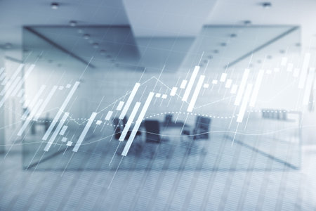 Multi exposure of abstract virtual financial graph hologram on a modern furnished office background,...