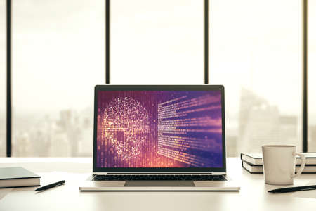 Creative code skull hologram on modern computer monitor, cybercrime and hacking concept. 3D Renderingの写真素材