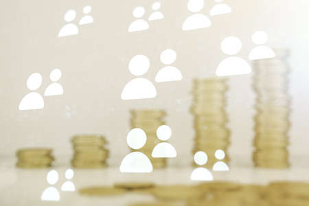 Double exposure of social network icons hologram on growing coins stacks background. Networking conceptの写真素材