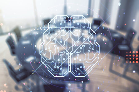 Double exposure of creative human brain microcircuit hologram on a modern boardroom background....