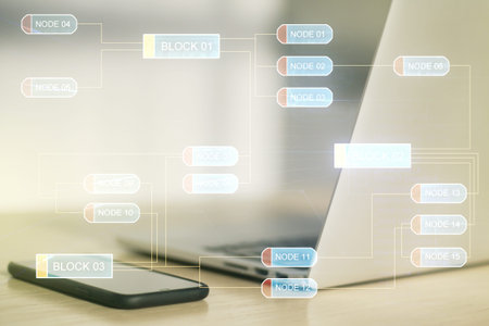 Double exposure of abstract creative programming illustration on computer background, big data and...