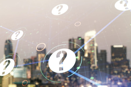 Abstract virtual question mark hologram on blurry skyscrapers background, future technology concept....