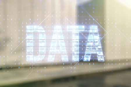 Data word hologram on contemporary business center exterior background, big data and blockchain...
