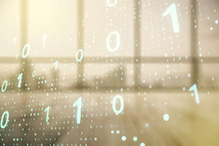 Abstract virtual binary code sketch on empty classroom background, hacking and matrix concept. Multiexposureの写真素材