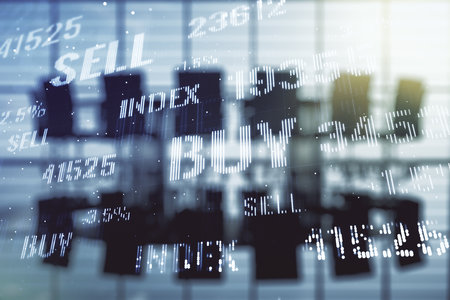 Double exposure of virtual creative financial diagram on a modern boardroom background, banking and accounting conceptの写真素材