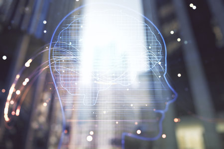 Double exposure of creative artificial Intelligence hologram on modern skyscrapers background. Neural networks and machine learning conceptの写真素材