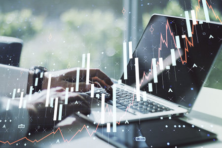 Multi exposure of abstract financial diagram with hand typing on computer keyboard on background,...