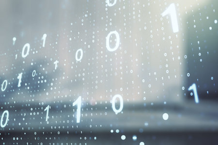 Double exposure of abstract virtual binary code hologram on modern business center exterior...