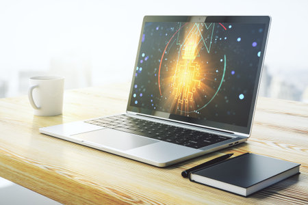 Creative light bulb with chip hologram on modern laptop monitor, artificial Intelligence and neural...