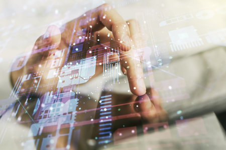 Multi exposure of abstract software development hologram and finger presses on a digital tablet on...
