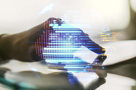Multi exposure of abstract graphic coding sketch with world map and hand working with a digital tablet on background, big data and networking conceptの写真素材
